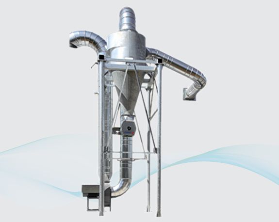 Industrial metal duct assembly with curved pipes and support frame on a light background