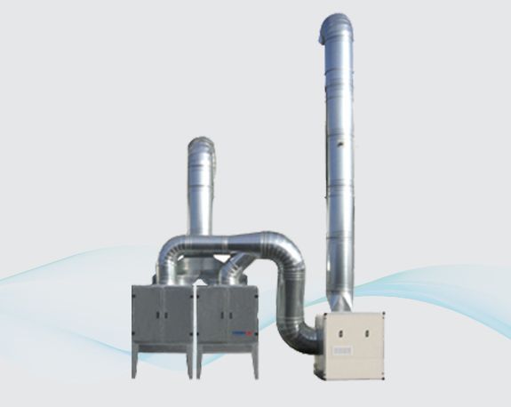 Industrial ventilation system with metal ducts, silver chimney stacks, and a gray control unit on a white background