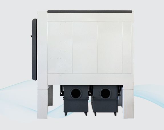 White industrial machine with two black bins on a plain background