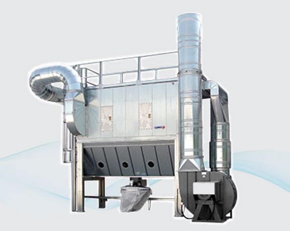 Industrial dust collection system with metal ducts, large filter unit, and exhaust fan on a white background