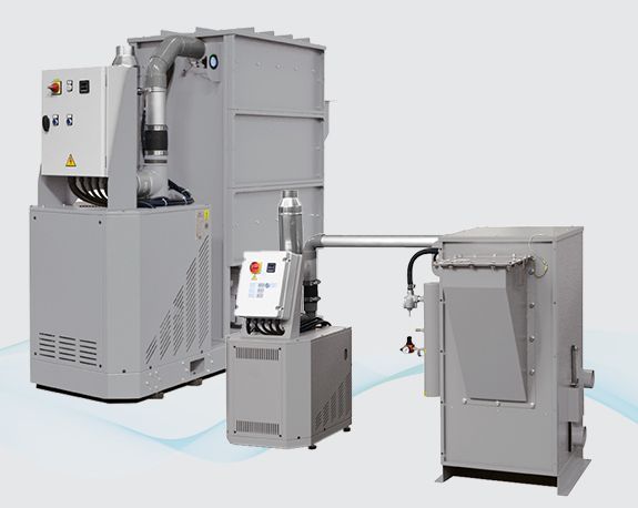 Industrial machine system with gray units, control panel, and connected hose on a white background