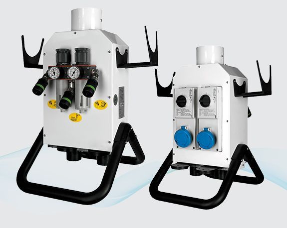 White industrial device with black handles, hoses, and blue connectors shown from front and back views