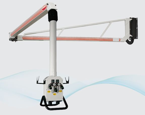 White articulated hydraulic boom crane with orange accents on a plain background