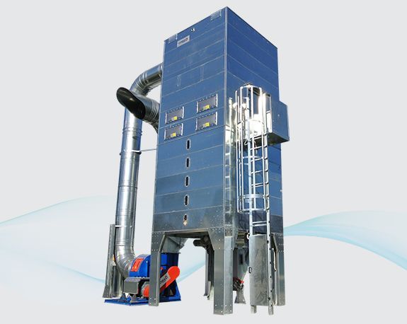 Blue industrial machine with metal ducts, ladders, and red-orange base on a white background