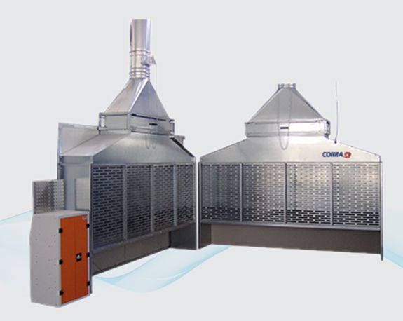 Industrial stainless-steel processing machines with vents and control box on a white background