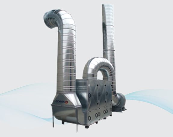 Industrial ventilation unit with silver metal ducts and flexible exhaust hoses on a white background