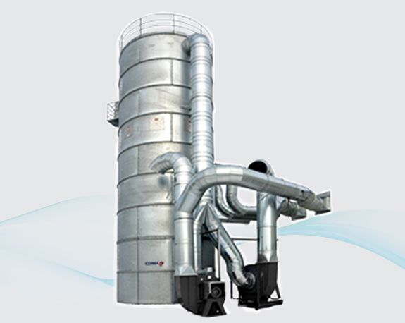 Industrial metal ductwork and silo with pipes and cyclone dust collector on a white background