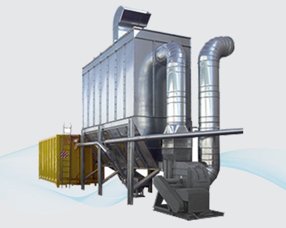 Industrial ventilation system with silver ducts, large filter unit, and yellow machinery on a white background