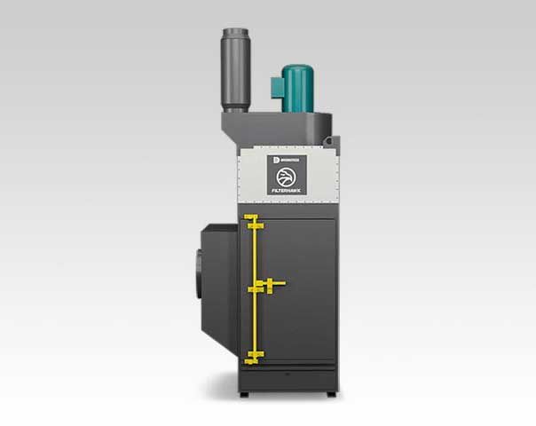 Side view of a gray industrial machine with yellow measurement marks on a plain background