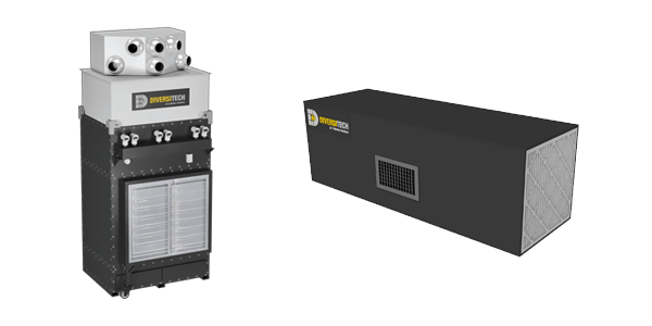 Black rectangular HVAC unit and matching roof vent box on a white background.