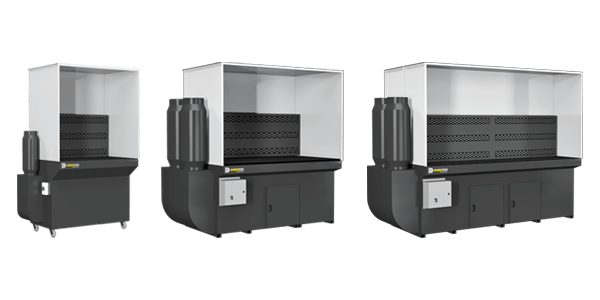 Three black-and-white industrial machines shown in three sizes on a white background