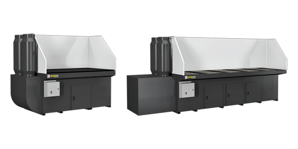 Two black and silver industrial machines side by side on a white background