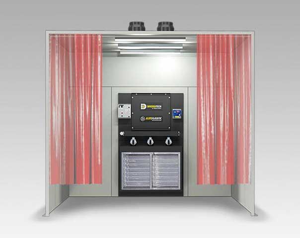 Industrial cooling unit inside a small booth with red curtains and metal vents