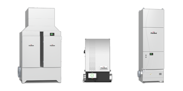 Three views of a white industrial machine or cabinet on a plain background