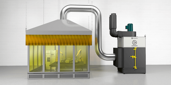 Industrial air filtration unit with yellow dust collector connected to a gray exhaust system