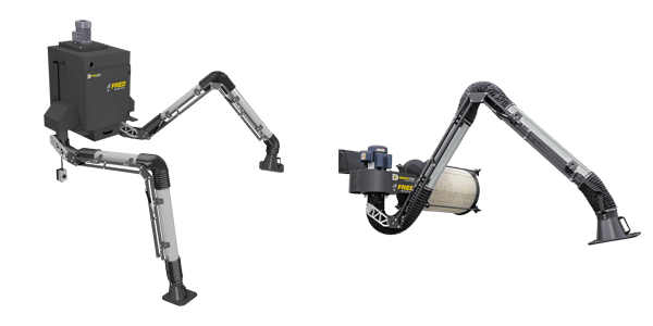 Two industrial robotic arms mounted on a black base, shown from front and side views.