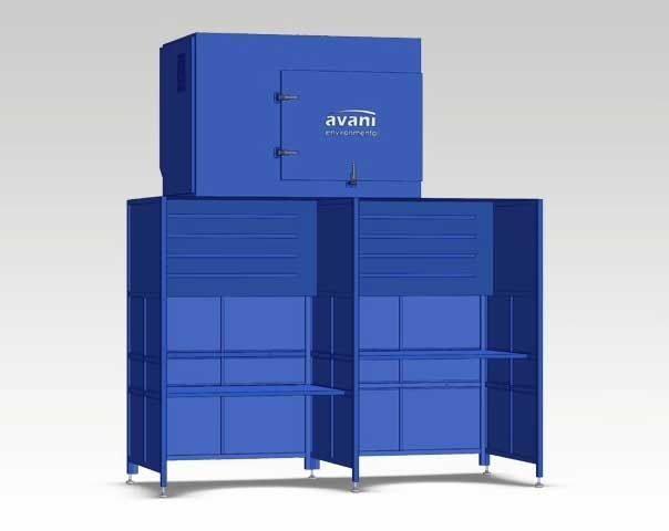 Blue industrial storage unit with stacked cabinets and front railings on a white background
