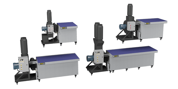 Four views of a compact industrial laser machine with black, white, and blue housing on a white background