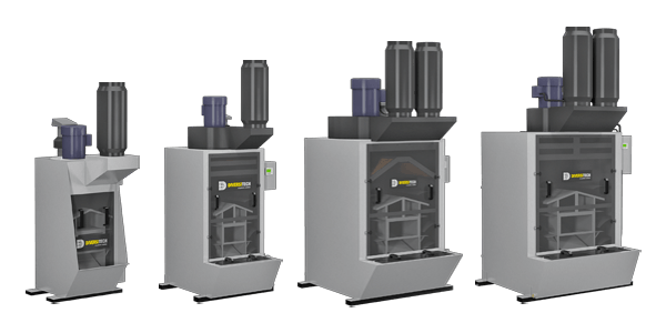 Four gray industrial machines with black vertical cylinders, shown side by side in different sizes.