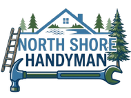 North Shore Handyman logo with house, trees, ladder, hammer, and wrench in blue and green