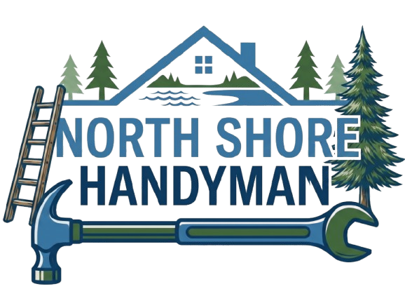 North Shore Handyman logo with house, trees, ladder, hammer, and wrench in blue and green