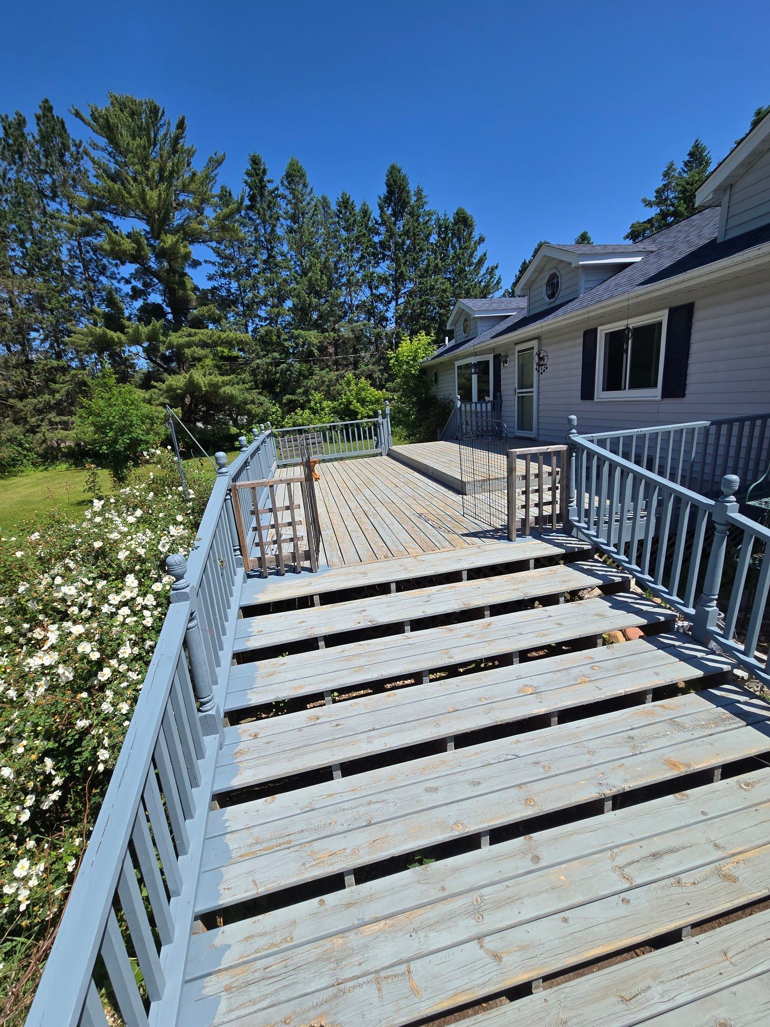 Weathered wooden deck with blue railing beside a house, overlooking a green yard under a clear blue sky