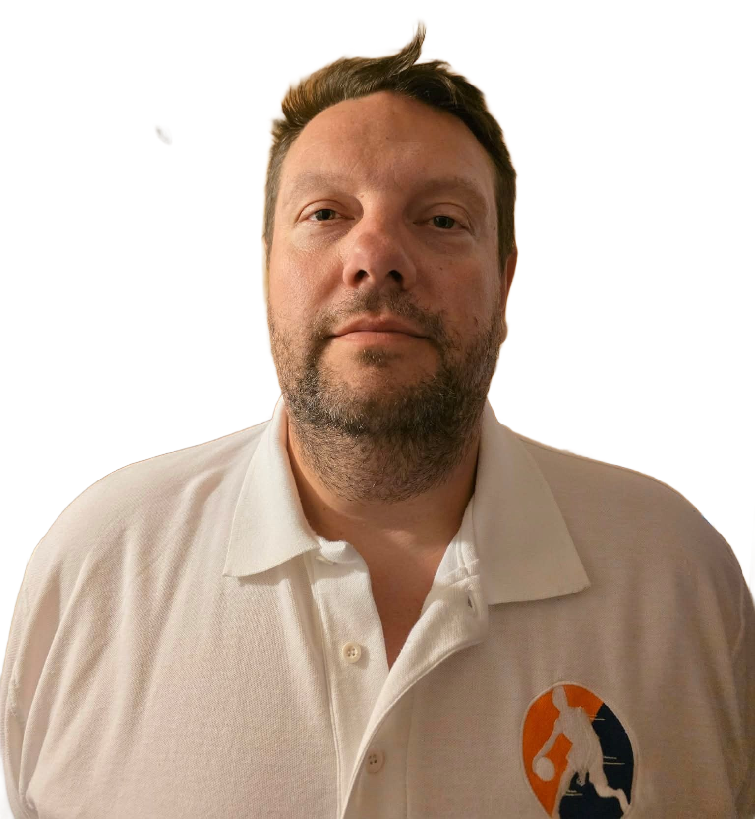 Man in a white polo shirt against a plain white background, looking at the camera.