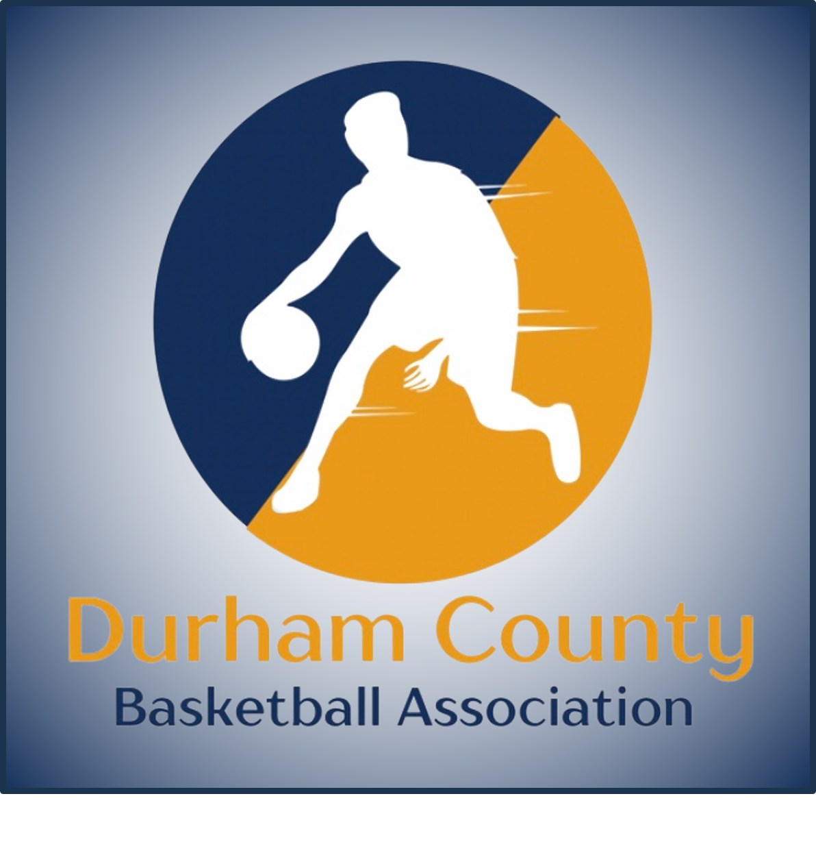 Durham County Basketball Association logo with a white basketball player on a blue and orange circle