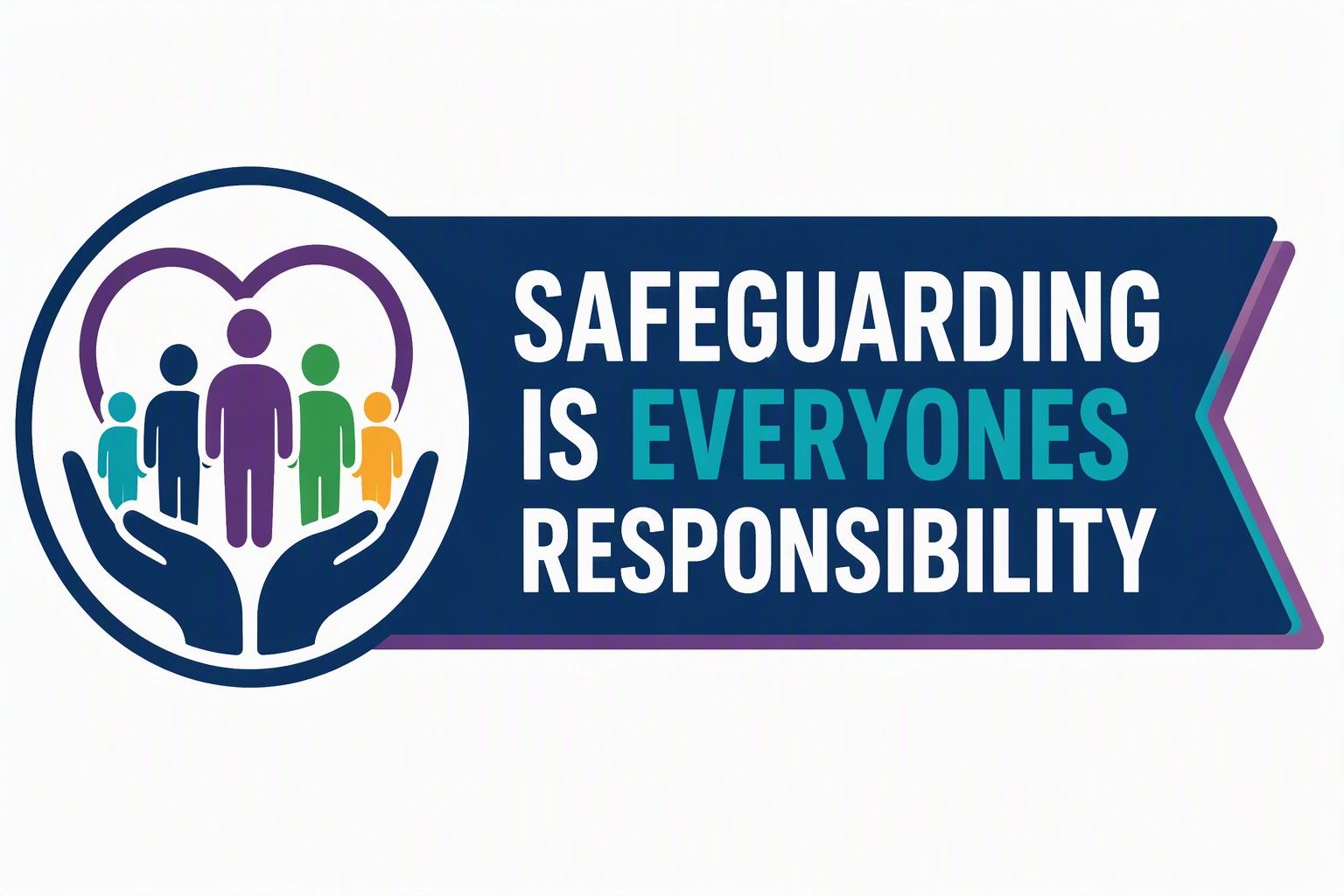 Safeguarding is everyone’s responsibility banner with people icons in purple, green, teal, and orange.