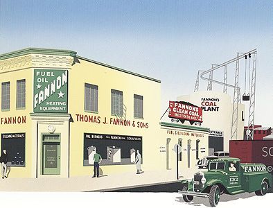 A vintage scene depicts Fannon fuel company buildings. A green truck sits in front of the storefront with a coal plant in the background.