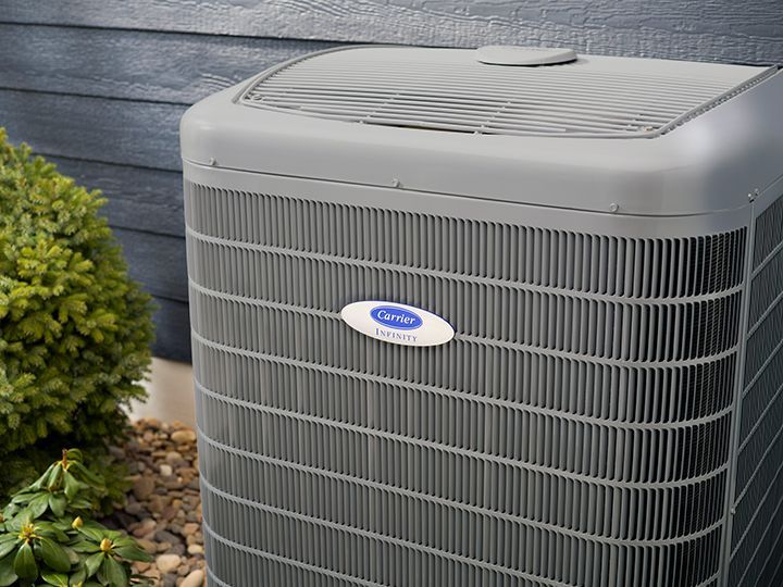 A gray Carrier air conditioning unit sits outside against a blue-gray wall and shrubbery.