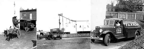 Three black and white photos of early 20th-century trucks. One is hauling a heavy object, one is at a loading dock, and the third has