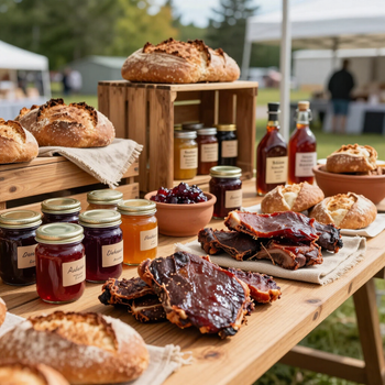 Artisan foods, including meats, jams, jellies, and baked breads, at Northwoods Flea & Craft Market.