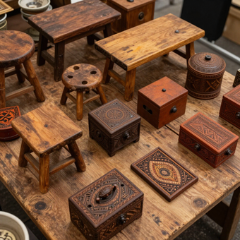 Unique treasures: image of ornamental wooden carvings, benches, boxes, and plaques at Northwoods Flea & Craft Market.