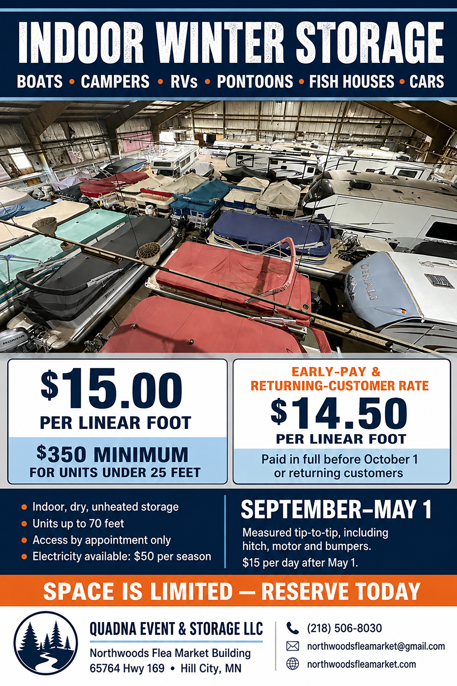 Indoor winter storage ad showing boats and RVs and pricing in a warehouse, and a reserve-today notice