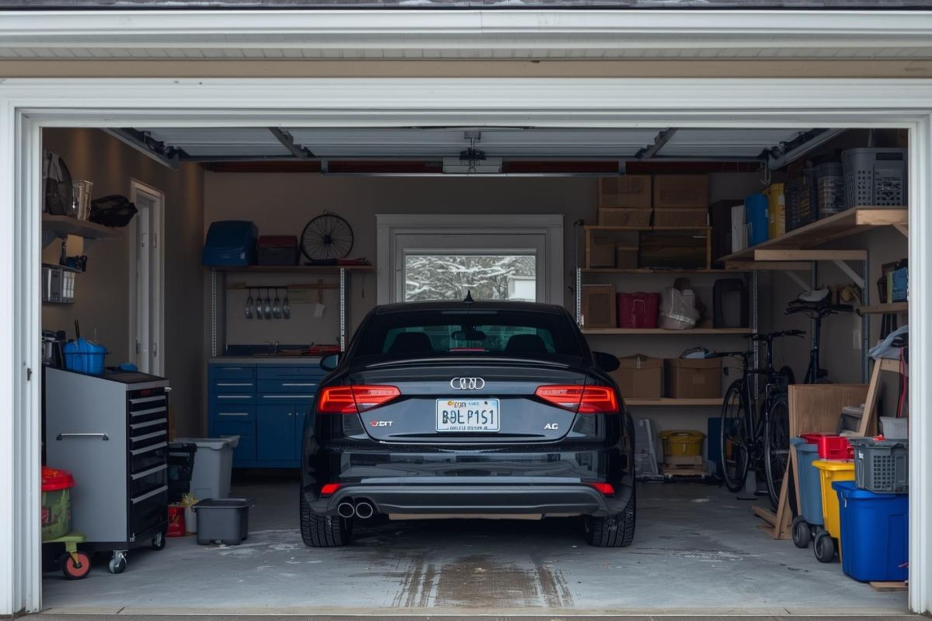 Black SUV parked inside a cluttered garage with shelves, tools, and storage bins.