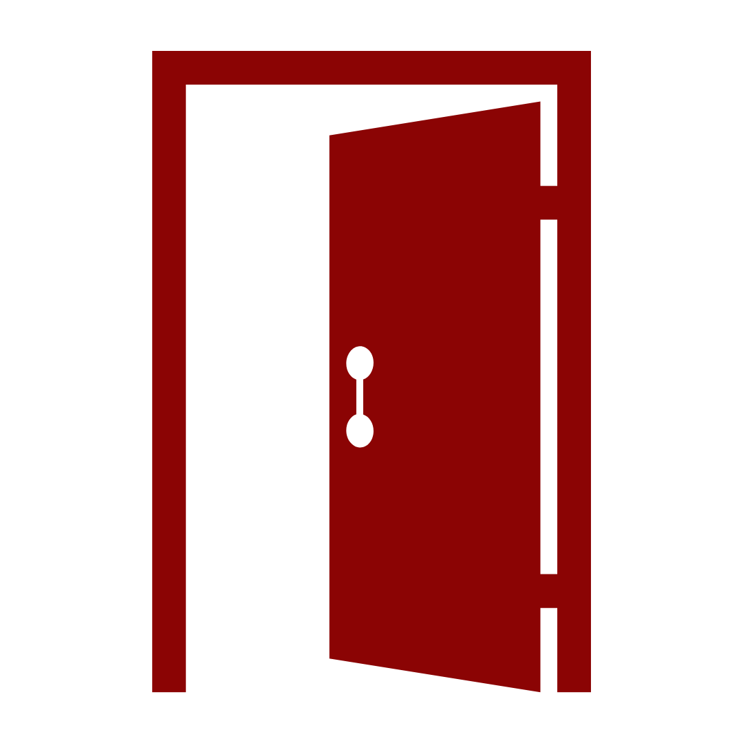 Open red door icon with white door handle on a white background