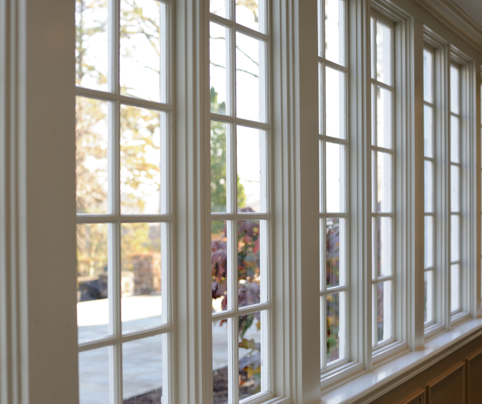 Sunlit interior view through white window panes onto trees and a building outside