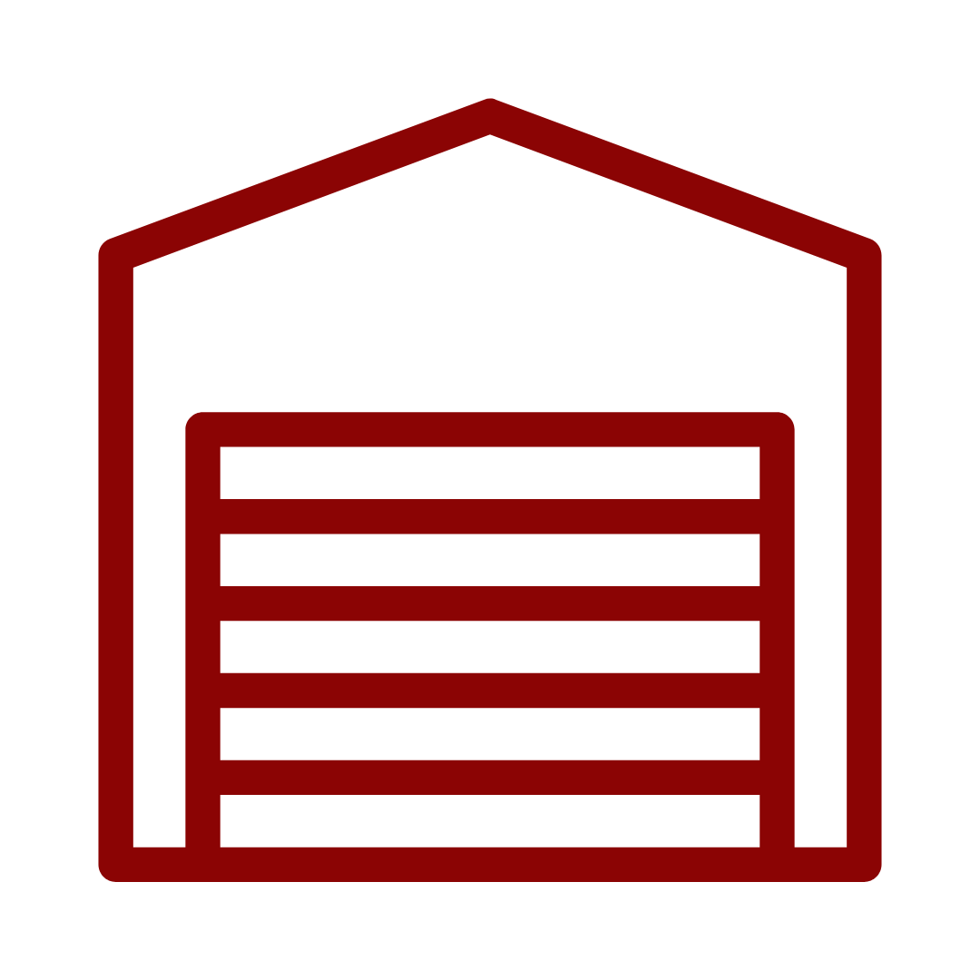 Red outline of a garage with a white door and horizontal slats