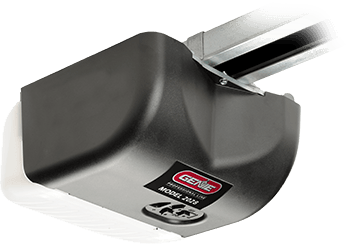 Black garage door opener motor unit with rail and chain mechanism attached
