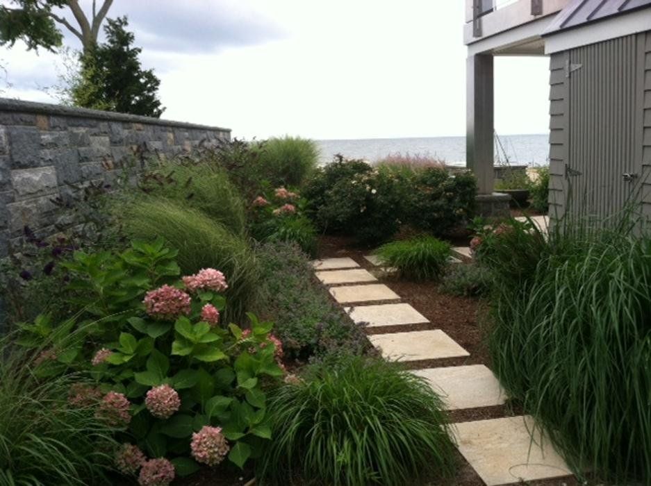 Stone path through a lush garden with pink hydrangeas and tall grasses beside a house.