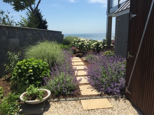 Garden path with lavender and potted plants leading to an ocean view between buildings