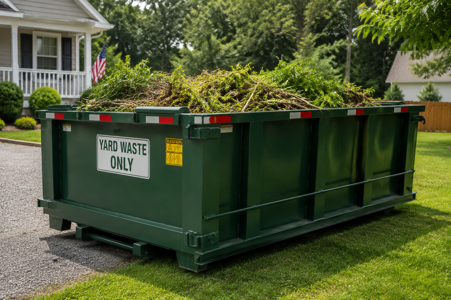 Large green yard waste dumpster in a suburban driveway beside a house and lawn