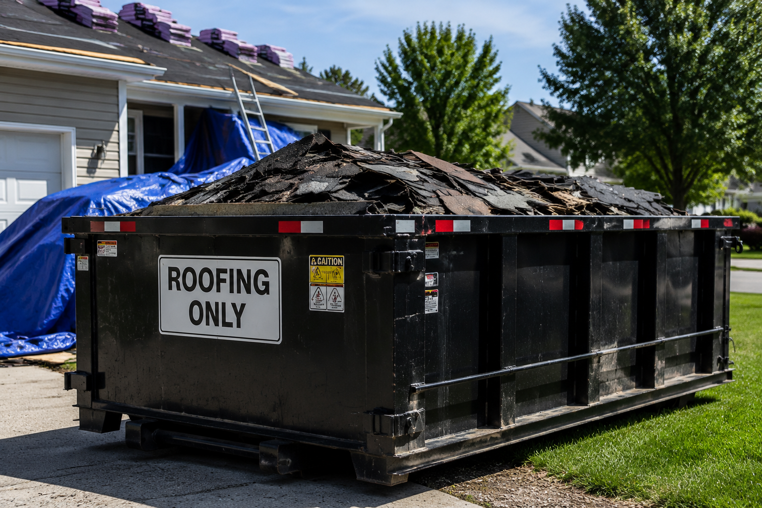 Black roofing dumpster beside a house with a tarp-covered roof under repair