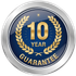 Blue and gold 10-year guarantee badge with laurel wreath and silver border