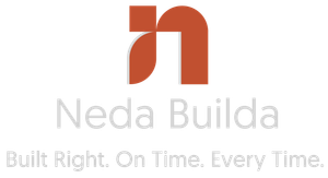Neda Builda logo with orange icon and gray tagline “Built Right. On Time. Every Time.”