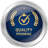 Blue and gold Quality Promise badge: crown, checkmark, laurel wreaths.