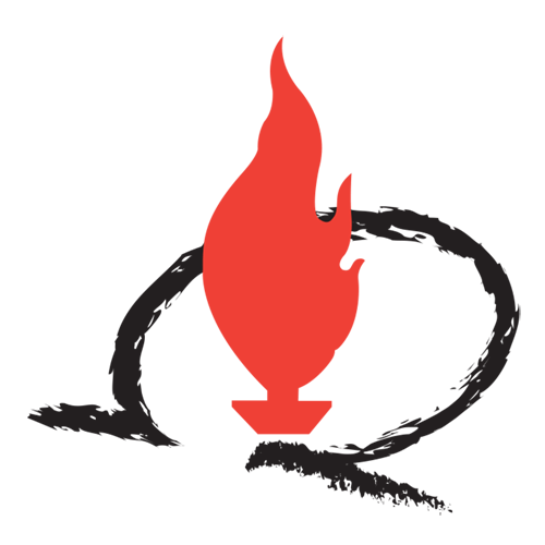 Logo di una torcia a fiamma rossa con un cerchio nero dipinto a pennellate su sfondo bianco