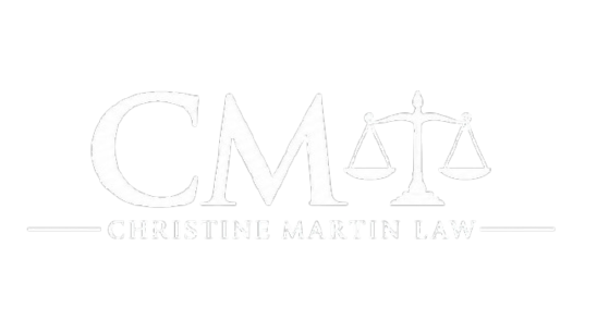Faded white law firm logo reading “CMT” with scales of justice and “Christine Martin Law” underneath