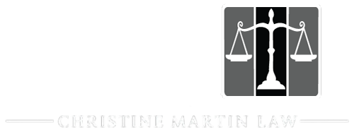Faded white law firm logo reading “CMT” with scales of justice and “Christine Martin Law” underneath